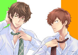  2boys brown_eyes brown_necktie doko_dokosan green_necktie hair_between_eyes hand_up highres male_focus multiple_boys necktie partially_unbuttoned pocket ryman&#039;s_club saeki_touya shirt takeda_kouki undressing upper_body white_shirt 