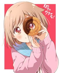  blush brown_eyes brown_hair closed_mouth commentary doughnut female food fuudo_tsugumi long_sleeves looking_at_viewer namori pocha_climb! red_background red_eyes short_hair simple_background smile solo upper_body 