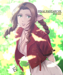  aerith_gainsborough bow braid brown_hair commentary_request cropped_jacket dress female final_fantasy final_fantasy_vii final_fantasy_vii_remake flower green_eyes hair_ribbon highres jacket jewelry kurita_shin&#039;ichi long_hair looking_at_viewer pink_bow pink_dress ribbon smile solo 