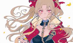  bad_id bad_twitter_id black_nails blonde_hair bow cloak detached_collar earrings ereshkigal_(fate) fate/grand_order fate_(series) female fingernails floating_hair hairbow highres infinity_symbol jewelry leaf long_hair looking_at_viewer parted_bangs parted_lips red_bow red_cloak red_eyes satsuki_(miicat) simple_background skull_ornament solo spine strap two-sided_cloak two-sided_fabric upper_body white_background yellow_cloak 