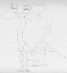  2022 antelope big_ears big_eyes bovid breasts centaurworld dipstick_ears ear_markings female gerenuk gerenuk_taur glendale_(centaurworld) hair hooves horizontal_pupils long_neck mammal monochrome multicolored_ears netflix open_mouth open_smile pose pupils raised_tail sbshouseofpancakes small_breasts smile solo tail tail_tuft taur traditional_media_(artwork) true_antelope tuft 