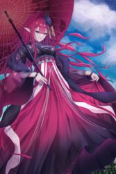  absurdres alternate_costume baobhan_sith_(dream_portrait)_(fate) baobhan_sith_(fate) blue_sky breasts cloud day eeyoosekedooaat fate/grand_order fate_(series) female grey_eyes highres holding holding_umbrella long_skirt looking_at_viewer outdoors pale_skin pink_hair pointy_ears purple_skirt sidelocks skirt sky slit_pupils smile solo umbrella 