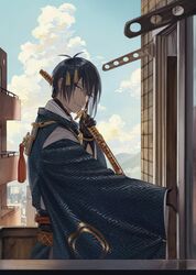  1boy absurdres bishounen black_gloves blue_eyes blue_hair blue_sky building cityscape cloud commentary_request gloves hataya highres index_finger_raised japanese_clothes katana male_focus mikazuki_munechika sayagata sheath sheathed sky smile sword tassel touken_ranbu weapon 