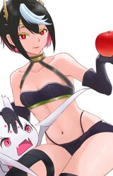  absurdres aderi apple ariel_(kumo_desu_ga_nani_ka?) bare_shoulders black_gloves black_hair black_skirt breasts bug collarbone earrings elbow_gloves fake_horns female flat_chest food fruit gloves hair_ornament highres horns jewelry kumo_desu_ga_nani_ka? kumoko_(kumo_desu_ga_nani_ka?) midriff multicolored_hair navel pink_eyes red_eyes short_hair skirt small_breasts spider streaked_hair two-tone_hair white_hair yellow_pupils 