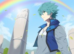  1boy blue_sky broken bum_hico cloud day duel_academy_uniform_(yu-gi-oh!_gx) green_eyes green_hair highres johan_andersen leaf looking_at_viewer male_focus mountain outdoors pillar rainbow sky smile solo tree upper_body wind yu-gi-oh! yu-gi-oh!_gx 