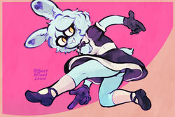  2022 anthro ass bestfriendforever besty_(character) black_clothing black_gloves black_handwear blue_body blue_fur blue_hair bow_tie clothing digital_media_(artwork) eyewear female footwear fur glasses gloves hair handwear hi_res lagomorph leporid looking_aside maid_uniform mammal nonbinary_(lore) pink_background rabbit sega shoes simple_background smile solo sonic_adventure sonic_adventure_pose sonic_the_hedgehog_(series) underwear uniform yellow_eyes 