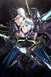  1boy armor armpits arms_up black_armor black_background black_dress black_hair blue_eyes blue_hair breasts brynhildr_(fate) brynhildr_romantia cape closed_mouth commentary copyright_name couple dagger dress duplicate elbow_gloves fate/grand_order fate/prototype fate/prototype:_fragments_of_blue_and_silver fate_(series) female glasses gloves hair_ornament hair_over_one_eye hug kdm_(ke_dama) knife long_hair looking_at_another looking_away multicolored_hair pixel-perfect_duplicate polearm purple_cape purple_eyes purple_gloves raised_eyebrows serious shoulder_spikes sigurd_(fate) simple_background spiked_hair spikes straight two-tone_hair upper_body very_long_hair weapon white_hair 