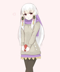  alternate_costume black_pantyhose box chirun0 female fire_emblem fire_emblem:_three_houses gift gift_box hair_ornament highres holding long_hair long_sleeves lysithea_von_ordelia open_mouth pantyhose pink_background pink_eyes scarf simple_background solo valentine white_hair 