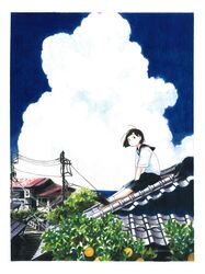  absurdres architecture between_legs black_hair border building cloud colored_pencil_(medium) day east_asian_architecture female fuyuno_kamome hair_ornament hairclip hand_between_legs highres loafers on_roof original outdoors power_lines rooftop scenery school_uniform serafuku shoes short_hair sky socks solo traditional_media tree white_border white_socks 