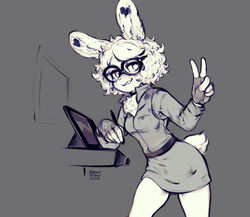  2023 anthro bestfriendforever besty_(character) bottomwear breasts clothing desk digital_media_(artwork) drawing_tablet dress electronics eyewear female furniture gesture glasses hair hand_gesture hi_res holding_object holding_pen lagomorph leporid mammal nonbinary_(lore) pen rabbit simple_background skirt smile solo standing table v_sign 