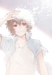  1boy arm_at_side arm_up brown_hair closed_mouth collarbone collared_shirt disappear dissolving dress_shirt glowing grey_background grey_hair hetalia38 kuga_yuuma looking_at_viewer male_focus open_clothes open_shirt popped_collar rainbow salute shirt short_hair smile solo t-shirt undershirt upper_body white_hair world_trigger 