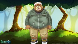  16:9 2020 anthro bear bottomwear brown_body brown_fur bulge closed_eyes clothing fur hat headgear headwear hoodie humanoid_hands kemono kumatta male mammal nikiciy overweight overweight_anthro overweight_male shorts solo topwear widescreen 