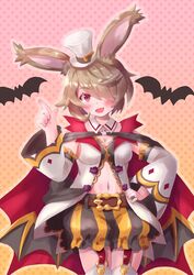  althemia animal_ears bat_(animal) belt blonde_hair breasts cocoasabure dragalia_lost female garter_straps halloween_costume hat highres looking_at_viewer medium_breasts mini_hat mini_top_hat navel official_alternate_costume open_mouth rabbit_ears red_eyes short_hair solo top_hat 