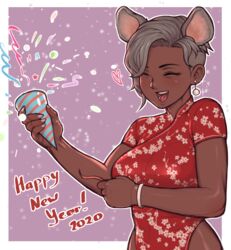  2020 animal_ears asura_(asurauser) asymmetrical_hair bracelet breasts china_dress chinese_clothes chinese_zodiac commentary dark-skinned_female dark_skin dress earrings english_commentary extra_ears female floral_print grey_hair hair_over_one_eye happy happy_new_year highleg highleg_dress highres jewelry kali_(asura) large_breasts mouse_ears new_year open_mouth original party_popper pelvic_curtain red_dress short_hair smile solo undercut year_of_the_rat 