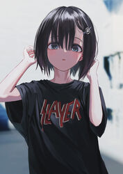  absurdres bad_id bad_twitter_id band_shirt black_shirt blue_eyes blurry blurry_background blush bob_cut bright_pupils brown_hair depth_of_field female gishiki_(gshk) hands_up heavy_metal highres looking_at_viewer medium_hair merchandise original parted_lips revision shirt short_sleeves slayer_(band) solo ss_insignia white_pupils 