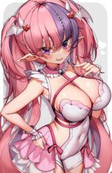  black_nails blush breasts choker cleavage commentary covered_navel demon_girl demon_horns demon_wings english_commentary female frilled_choker frills hair_between_eyes hair_ornament hand_on_own_hip head_wings heart heart_hair_ornament highres horns ironmouse ironmouse_(demon_form) kaptivate large_breasts long_hair looking_at_viewer multicolored_hair nail_polish oerba_yun_fang open_mouth pink_choker pink_hair pointy_ears purple_eyes purple_hair smile solo teeth thighs twintails two-tone_hair very_long_hair virtual_youtuber vshojo wings 