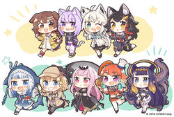  6+girls :o animal_ears animal_hood ao-chan_(ninomae_ina&#039;nis) aqua_eyes beret black_dress black_hair blonde_hair blue_eyes blue_hair blue_hoodie blush bone_hair_ornament book breasts cat_ears cat_girl cat_tail chef_hat chibi chicken_(food) chicken_leg claw_pose cleavage_cutout clenched_hands clothing_cutout commentary_request dog_ears dog_girl dog_tail dress fins fish_tail food fox_ears fox_girl fox_shadow_puppet fox_tail gawr_gura gawr_gura_(1st_costume) gradient_hair green_hair grey_hair hair_ornament halo hands_in_pockets hat holding holding_book holding_food holding_magnifying_glass holding_scythe holding_weapon hololive hololive_english hololive_gamers holomyth hood hoodie inugami_korone inugami_korone_(1st_costume) magnifying_glass medium_breasts mori_calliope mori_calliope_(1st_costume) multicolored_hair multiple_girls navel nekomata_okayu nekomata_okayu_(1st_costume) ninomae_ina&#039;nis ninomae_ina&#039;nis_(1st_costume) official_art one_eye_closed ookami_mio ookami_mio_(1st_costume) orange_hair orange_hat pink_eyes pink_hair polearm purple_eyes red_hair running same_anko scythe shark_girl shark_hood shark_tail shirakami_fubuki shirakami_fubuki_(1st_costume) smile streaked_hair tail takanashi_kiara takanashi_kiara_(1st_costume) tentacle tiara trident veil virtual_youtuber watson_amelia watson_amelia_(1st_costume) weapon wolf_ears wolf_girl wolf_tail 