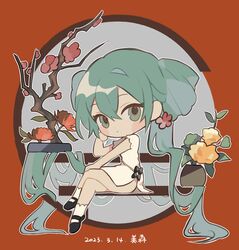  absurdly_long_hair apricot_flower aqua_eyes aqua_hair bare_arms bench black_bow black_footwear bow chibi china_dress chinese_clothes chrysanthemum circle commentary crossed_legs dated dress female flower folded_hair full_body green_eyes hair_flower hair_flowing_over hair_ornament half_updo hatsune_miku highres long_hair looking_at_viewer ofgwr outline outstretched_arm pink_flower plant potted_plant railing red_background red_flower shaohua_hatsune_miku shoes short_dress side_slit sitting socks solo very_long_hair vocaloid white_dress white_outline white_socks yellow_flower 