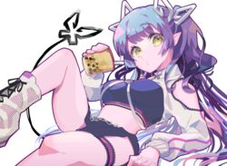  black_skirt black_tube_top blunt_bangs boots breasts bubble_tea closed_mouth clothing_cutout commentary_request crop_top cup demon_girl demon_horns demon_tail expressionless female fishnet_footwear fishnets foot_out_of_frame holding holding_cup horns jacket kojo_anna kojo_anna_(2nd_costume) kuzuhana lace_trim long_hair long_sleeves looking_at_viewer medium_breasts midriff nanashi_inc. o3o official_alternate_costume pointy_ears purple_hair shoulder_cutout shrug_(clothing) simple_background skirt solo strapless tail thigh_strap transparent_background tube_top virtual_youtuber white_footwear white_jacket yellow_eyes 