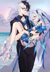  1boy aonogura bikini black-framed_eyewear black_hair black_pants black_shirt blue_eyes blue_flower blue_neckwear blue_rose blue_scarf brynhildr_(fate) brynhildr_(swimsuit_berserker)_(fate) brynhildr_(swimsuit_berserker)_(first_ascension)_(fate) carrying choker closed_mouth cloud couple cowboy_shot fate/grand_order fate_(series) feathers female flower glasses highres long_hair looking_at_viewer multicolored_hair pants princess_carry purple_eyes rose sandals scarf shirt side_ponytail sigurd_(fate) sigurd_(memories_with_my_lover)_(fate) sky smile standing straight swimsuit two-tone_hair water white_bikini white_footwear white_hair 