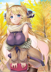  autumn azur_lane bag blonde_hair blue_eyes breasts brown_coat coat coat_dress cross cross_necklace female highres holding holding_bag jewelry large_breasts laurel_crown long_hair necklace official_alternate_costume outdoors purple_sweater red_bag ribbed_sweater sleeveless sleeveless_sweater solo sweater sweater_vest taut_sweater_vest thighhighs victorious_(azur_lane) victorious_(the_goddess&#039;_day_off)_(azur_lane) yam_(yam6056) 