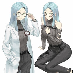  adjusting_eyewear arm_support asakiri_koko belt black-framed_eyewear black_belt blue_hair blush breasts coat commentary_request cowboy_shot detached_sleeves expressionless feet_out_of_frame female girls&#039;_frontline glasses green_eyes grey_pants grey_sweater hair_ornament hairclip hand_in_pocket hand_on_own_chest highres holster id_card lab_coat large_breasts light_blue_hair long_hair looking_at_viewer multiple_views nele_(girls&#039;_frontline) open_clothes open_coat pants parted_bangs partial_commentary pocket ribbed_sweater round_eyewear semi-rimless_eyewear simple_background sitting sweater thigh_holster under-rim_eyewear watch white_background white_coat wristwatch yokozuwari 