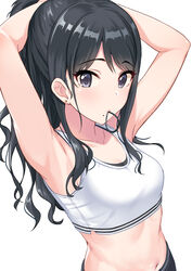  adjusting_hair armpits arms_behind_head arms_up bare_arms bare_shoulders black_hair black_shorts blush bra breasts clavicle crop_top earrings eyebrows female fixing_hair grey_eyes hair_tie hair_tie_in_mouth idolmaster jewelry kazano_hiori light_background long_hair looking_at_viewer midriff mobile_wallpaper mole mole_under_mouth mouth_hold navel piercing pixiv ponytail purple_eyes shirt shorts sidelocks simple_background sleeveless sleeveless_shirt small_breasts solo sports_bra standing stomach tagme tamakaga the_idolm@ster:_shiny_colors tied_hair tying_hair underwear upper_body wavy_hair white_background white_shirt 