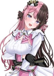  :d absurdres akue arms_under_breasts belt black_gloves black_ribbon blue_eyes blush bow bowtie braid breasts brown_hair cleavage cleavage_cutout clothing_cutout collar dress female gloves hair_ornament hairbow highres idol_clothes large_breasts long_hair long_sleeves looking_at_viewer multicolored_hair open_mouth pink_belt pink_hair pink_ribbon pleated_skirt ribbon side_braid single_braid skirt smile solo split-color_hair tachibana_hinano two-tone_hair virtual_youtuber vspo! waist_ribbon white_background white_dress white_skirt 