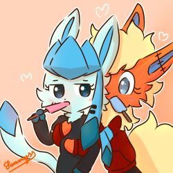  1:1 2025 absurd_res armwear big_tail black_clothing black_gloves black_handwear black_nose black_shirt black_topwear blonde_hair blue_body blue_ears blue_eyes blue_fur blue_inner_ear blue_tail blush claw_marks clothed clothing digital_media_(artwork) duo eeveelution elbow_gloves eyelashes facial_scar fan_character featureless_hands female female/female fingerless_gloves flareon food fully_clothed fur generation_1_pokemon generation_4_pokemon glaceon gloves gradient_background hair handwear heart_symbol hi_res hoodie hug hugging_another hugging_from_behind ibispaint_(artwork) looking_at_another narrowed_eyes neck_tuft nintendo orange_background orange_body orange_ears orange_fur outline pokemon pokemon_(species) popsicle popsicle_in_mouth red_clothing red_hoodie red_topwear scar shaded shirt signature simple_background surgical_suture tail topwear tuft watermark white_outline xammyxx yellow_body yellow_fur yellow_tail 