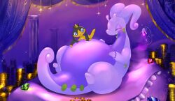  2025 2_fingers 2_toes 4_fingers anklet antennae_(anatomy) beaded_anklet beaded_bracelet beaded_jewelry beads bed belly big_belly black_kitty black_tail_tip blue_curtains blue_eyes blush bracelet closed_eyes coin colored crown digital_drawing_(artwork) digital_media_(artwork) dipstick_tail duo english_description feet female fingers flower furniture gem generation_6_pokemon goodra green_markings hand_on_belly happy headgear helioptile hi_res inside jewelry larger_female light lighting lying lying_on_bed male markings multicolored_body multicolored_skin multicolored_tail nintendo on_back on_bed pillar pink_body pink_skin pink_tail plant pokemon pokemon_(species) pregnant pregnant_female pupils purple_body purple_skin semi-anthro shaded size_difference slime smaller_male smile tail tail_markings toes two_tone_tail white_pupils wide_hipped_female yellow_body yellow_skin yellow_tail 