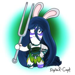  1:1 2023 allegra_(mario_plus_rabbids) anklet anthro arms_bent artist_name blue_eyes blue_hair bodypaint closed_smile clothing colored crazydigitalcapt crossover digital_drawing_(artwork) digital_media_(artwork) dress english_description eyelashes face_paint featureless_legs female female_anthro flat_chested front_view full-length_portrait fur green_clothing green_dress hair hand_on_hip hand_on_own_hip hand_pawpads hi_res holding_object holding_tuning_fork jewelry lagomorph leaf_dress light lighting long_ears long_hair mammal mario_plus_rabbids_sparks_of_hope mitten_hands mouth_closed multicolored_clothing multicolored_dress necklace nintendo pawpads pink_pawpads portrait rabbid raving_rabbids rayman_(series) right-handed rock shaded simple_background smile solo standing tan_inner_ear teal_anklet teal_wristband text tuning_fork ubisoft white_background white_body white_fur wristband 