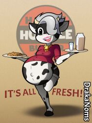  2022 anthro arms_bent artist_name beaded_jewelry beaded_necklace beads bell_necklace belly big_belly black_bottomwear black_clothing black_eyebrows black_eyes black_hooves black_hotpants black_markings black_shorts bottomwear bovid bovine breasts button_(fastener) cattle clothed clothed_anthro clothed_female clothing colored container cookie cup curved_horn dialogue digital_drawing_(artwork) digital_media_(artwork) drakanoms english_description english_text eyebrows eyelashes female female_anthro food full-length_portrait fully_clothed fully_clothed_anthro fully_clothed_female fur grey_hair hair hair_over_eye happy&#039;s_humble_burger_farm happy_(happy&#039;s_humble_burger_farm) hi_res holding_serving_tray holstein_friesian_cattle hoof_hands hooves horn hotpants jewelry light lighting lipstick makeup mammal markings midriff milk milk_carton milk_container multicolored_body multicolored_fur navel necklace no_pupils open_mouth open_smile outie_navel pink_lipstick pink_tongue portrait pregnant pregnant_anthro pregnant_female red_dress_shirt serving_tray shaded short_hair shorts simple_background small_breasts smile solo teeth text title tongue two_tone_body two_tone_fur walking white_body white_fur yellow_horn 