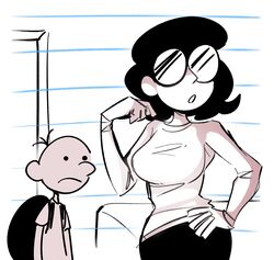  bed bedroom big_breasts black_hair black_pants diary_of_a_wimpy_kid glasses greg_heffley hand_on hand_on_hip looking_away open_mouth peargor sketch staring_at_breasts susan_heffley sweater 