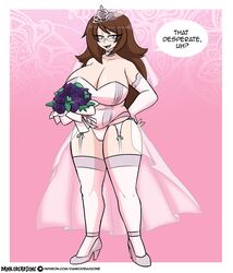  1girls alternate_version_available big_breasts bouquet breasts bridal_lingerie bride brown_hair choker chubby chubby_female cleavage clothed clothed_female clothing corset curvaceous curvy curvy_female curvy_figure dankodeadzone dee_dee_(dankodeadzone) elbow_gloves eye-level_view female female_only glasses gloves high_heels large_breasts light-skinned_female light_skin long_hair panties shark_teeth sharp_teeth solo thick_thighs thighhighs thighs tiara tomboy voluptuous voluptuous_female wedding_attire wedding_dress wedding_veil yellow_eyes 