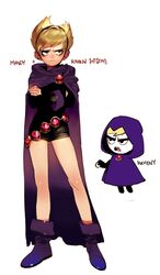  belt blonde_hair boots cape cartoon_network chibi cosplay crossed_arms dc_comics female frown full_body hairband hood leotard mandy pigeon666 raven_(dc) raven_(dc)_(cosplay) simple_background solo standing teen_titans the_grim_adventures_of_billy_&amp;_mandy 