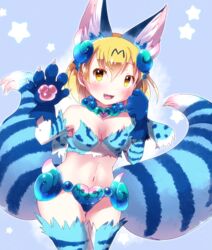  :3 :d animal_ears animal_hands armpits bad_id bad_pixiv_id bare_shoulders beads blonde_hair blue_background blue_hair blush bob_cut breasts claws cleavage commentary cowboy_shot dot_nose elbow_gloves female gloves gradient_hair hair_between_eyes hands_up highres kemono_friends kemoribon looking_at_viewer medium_breasts midriff multicolored_hair multiple_tails navel oerba_yun_fang open_mouth parted_bangs paw_gloves paw_pose prayer_beads raised_eyebrows serval_(kemono_friends) shiserval_right short_hair slit_pupils smile solo standing star_(symbol) starry_background tail thigh_gap thighhighs two-tone_hair two_tails wide_hips yellow_eyes 