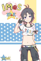  \m/ antenna_hair belt black_hair black_shorts blush commentary_request crop_top crop_top_overhang dabozero female fingerless_gloves gloves idolmaster idolmaster_(classic) kikuchi_makoto midriff navel purple_eyes short_hair shorts smile solo star_(symbol) stomach street_hopper_(idolmaster) tank_top tomboy 