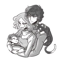  1boy baby closed_eyes family feline female highres if_they_mated kurusu_akira monochrome morgana_(persona_5) okumura_haru persona persona_5 scruffyturtles short_hair 