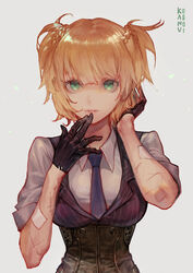  absurdres arm_up artist_name black_gloves blonde_hair braid breasts commentary corset female girls&#039;_frontline gloves green_eyes hand_up highres kim_hana large_breasts lips photoshop_(medium) short_hair short_twintails signature sleeves_rolled_up solo twintails upper_body welrod_mkii_(girls&#039;_frontline) 