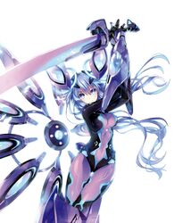  blue_eyes blush bodysuit breasts covered_navel female hair_between_eyes highres holding holding_weapon long_hair looking_at_viewer medium_breasts neptune_(series) next_purple official_art purple_hair purple_heart_(neptunia) shin_jigen_game_neptune_vii smile solo symbol-shaped_pupils tsunako very_long_hair weapon white_background 