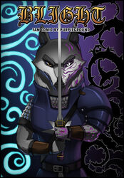  2016 anthro armello armor belt black_sclera canid canine canis clothed clothing english_text fur grey_body grey_fur infection league_of_geeks male mammal melee_weapon purpleground02 scale_armor solo sword text thane_(armello) thorns weapon white_eyes wolf yellow_eyes 