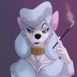  1:1 anthro anthrofied blue_eyes bow_(disambiguation) breasts canid canine canis choker cigarette cigarette_holder cleavage clothed clothing collar disney domestic_dog eyebrows eyelashes eyeshadow fauxlacine female georgette_(disney) hi_res jewelry lipstick makeup mammal mature_female necklace old oliver_and_company poodle ribbons solo 