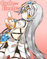  bare_back bracelet bridal_gauntlets code:_electra_(elsword) commentary_request elsword eve_(elsword) facial_mark female forehead_jewel grey_hair hair_between_eyes hair_ornament jewelry long_hair looking_at_viewer outline pointing straight_hair thighhighs very_long_hair white_hair white_legwear yakiguri yellow_eyes zettai_ryouiki 