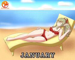  1girls barefoot beach beach_chair bikini breasts cleavage female_only fire_emblem fire_emblem_awakening frilled_bikini green_hair large_breasts manakete navel ocean ponytail red_bikini red_swimsuit reit sand sleeping solo swimsuit tiki_(adult)_(fire_emblem) tiki_(fire_emblem) water 