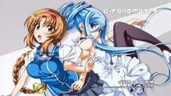  2girls :o anime_screenshot aoki_hagane_no_arpeggio back-to-back black_pantyhose blue_eyes blue_hair blush braid brown_eyes brown_hair d-frag! dress end_card jpeg_artifacts locked_arms long_hair morita_kazuaki multiple_girls name_connection open_mouth pantyhose pleated_skirt school_uniform skirt takao_(aoki_hagane_no_arpeggio) takao_(d-frag!) translated white_dress 