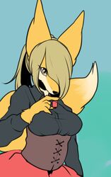  brown_hair copyright_request fox furry gradient gradient_background ponytail powderkona solo yellow_eyes 