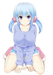  aged_up blue_hair blue_shorts blue_sweater blush breasts closed_mouth collarbone commentary_request female full_body hair_between_eyes hair_ornament hair_scrunchie highres kawasaki_keika laces large_breasts long_hair looking_at_viewer pink_footwear pink_scrunchie purple_eyes scrunchie shadow shoes short_twintails shorts sidelocks simple_background sitting smile solo sweater twintails wariza white_background yahari_ore_no_seishun_lovecome_wa_machigatteiru. yuu_(oosakazaijyuu) 