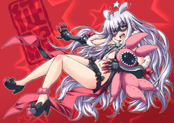  :d ankle_garter antenna_hair bare_shoulders blunt_bangs commentary_request female fur_trim galaktika gauntlets gloves grey_hair high_heels hoshimiya_kate long_hair lowleg lowleg_skirt mask midriff navel open_mouth red_eyes sekai_seifuku:_bouryaku_no_zvezda shinshin skirt smile solo star_(symbol) stuffed_animal stuffed_toy teeth v-shaped_eyebrows venera-sama very_long_hair 