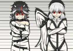  2girls bad_id bad_pixiv_id black_hair bound cloth_gag epic_armageddon evil_grin evil_smile fangs gag gagged grin horns improvised_gag kijin_seija kishin_sagume looking_at_viewer multicolored_hair multiple_girls off_shoulder red_eyes red_hair shadow single_wing small_horns smile straitjacket streaked_hair touhou white_hair white_horns white_wings wings 