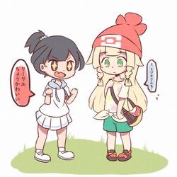  +_+ 2girls bag beanie black_hair blonde_hair braid chibi commentary cosplay costume_switch fukodesu green_eyes handbag hat lillie_(pokemon) lillie_(pokemon)_(cosplay) long_hair multiple_girls open_mouth pokemon pokemon_sm ponytail red_hat selene_(pokemon) selene_(pokemon)_(cosplay) shirt short_sleeves skirt tied_shirt translated twin_braids white_shirt white_skirt 